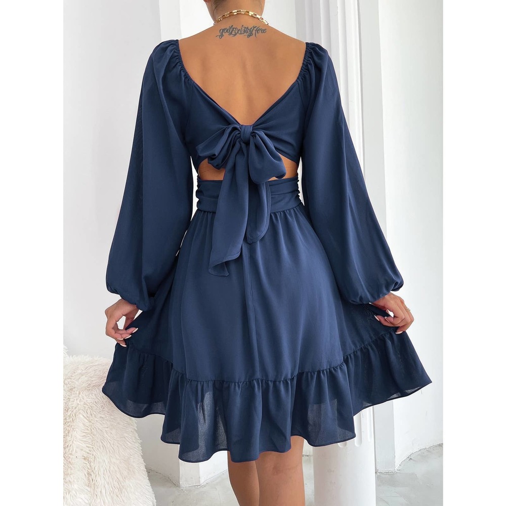 square neck long sleeve Knot Back Lantern Sleeve Ruffle Hem Dress black - Picture 5 of 11